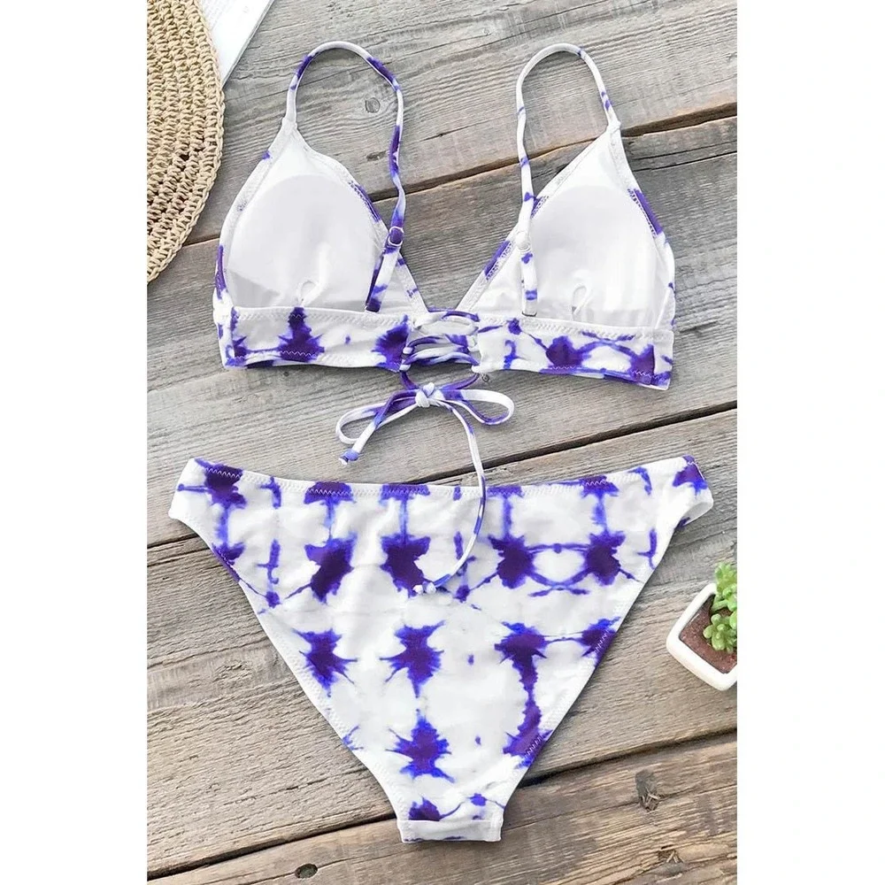 Cupshe Blue Tie-Dye Bikini Set‎ Adjustable Triangle Top & Cheeky Bottom  XL NEW